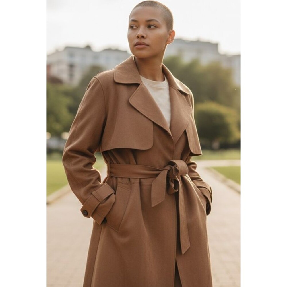 DESIGNER H&M TAN FAUX SUEDE BELTED MIDI LENGTH 48" TRENCH COAT SIZE XLARGE - Picture 11 of 16